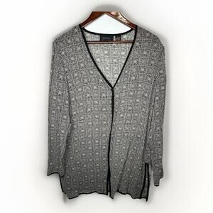Dana Buchman Size 12 Boho Geometric Black & White V-Neck Cardigan Silk Coverup